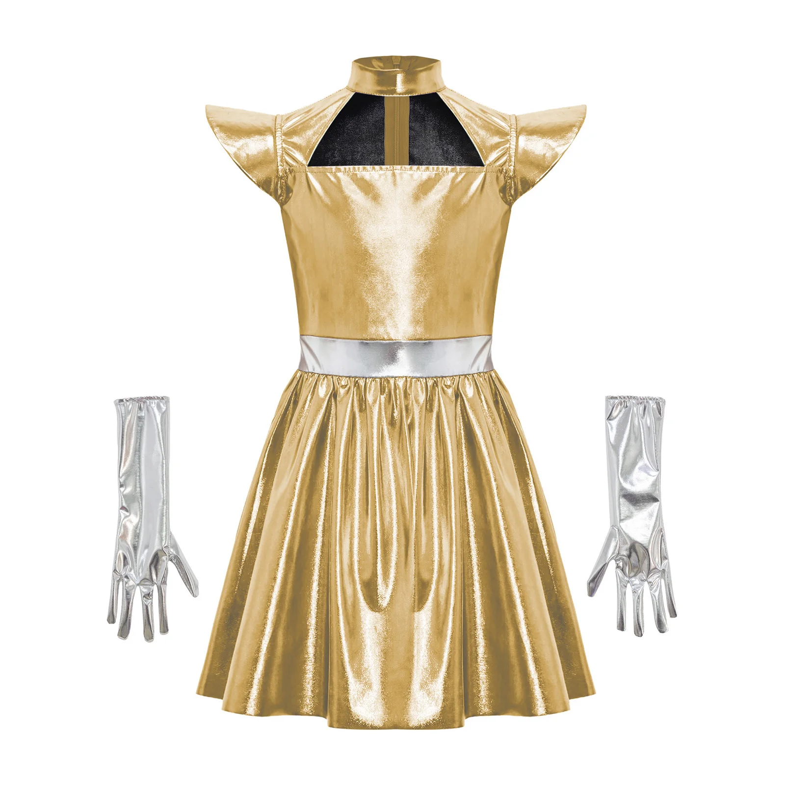 Kids Girls Halloween Alien Cosplay Costume Metallic Shiny Zipper Dress with Gloves Robot Astronaut Space Cadet Role Play Clothes