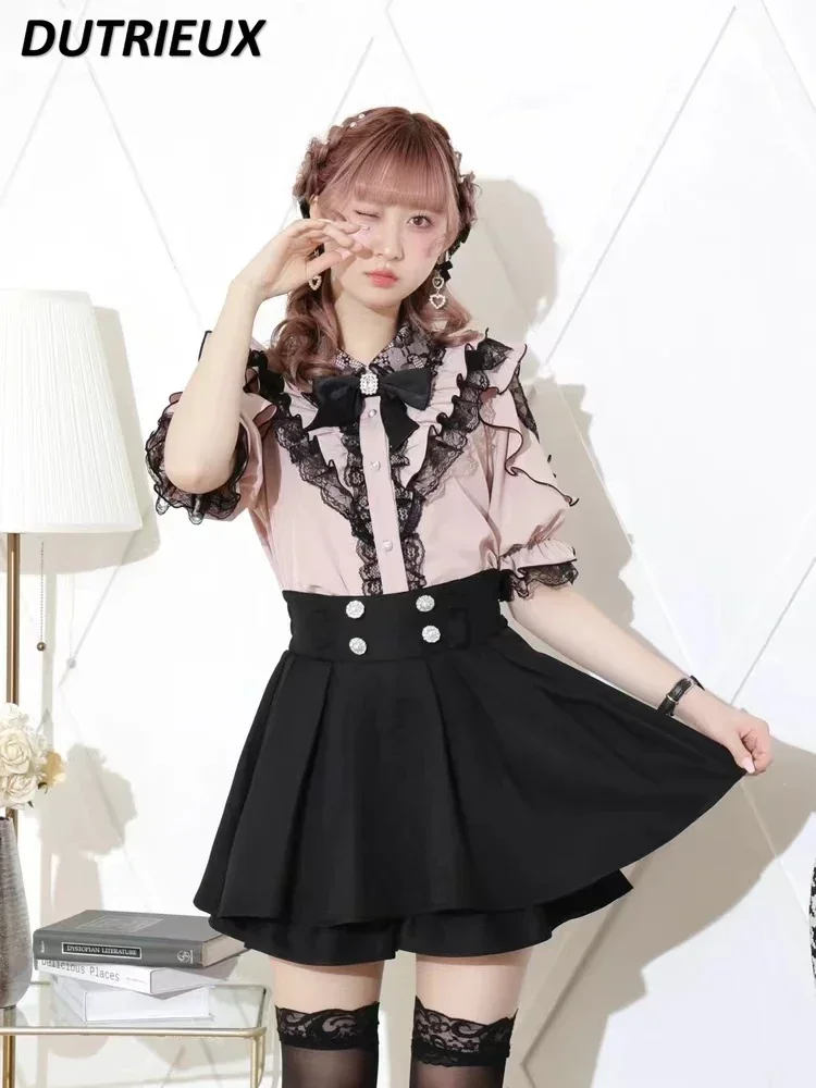 Japanese Style Elegant Blouses Female Ruffle Edge Bow Off-the-shoulder Tops Lace Half Sleeved Sweet Casual Shirt Spring Autumn