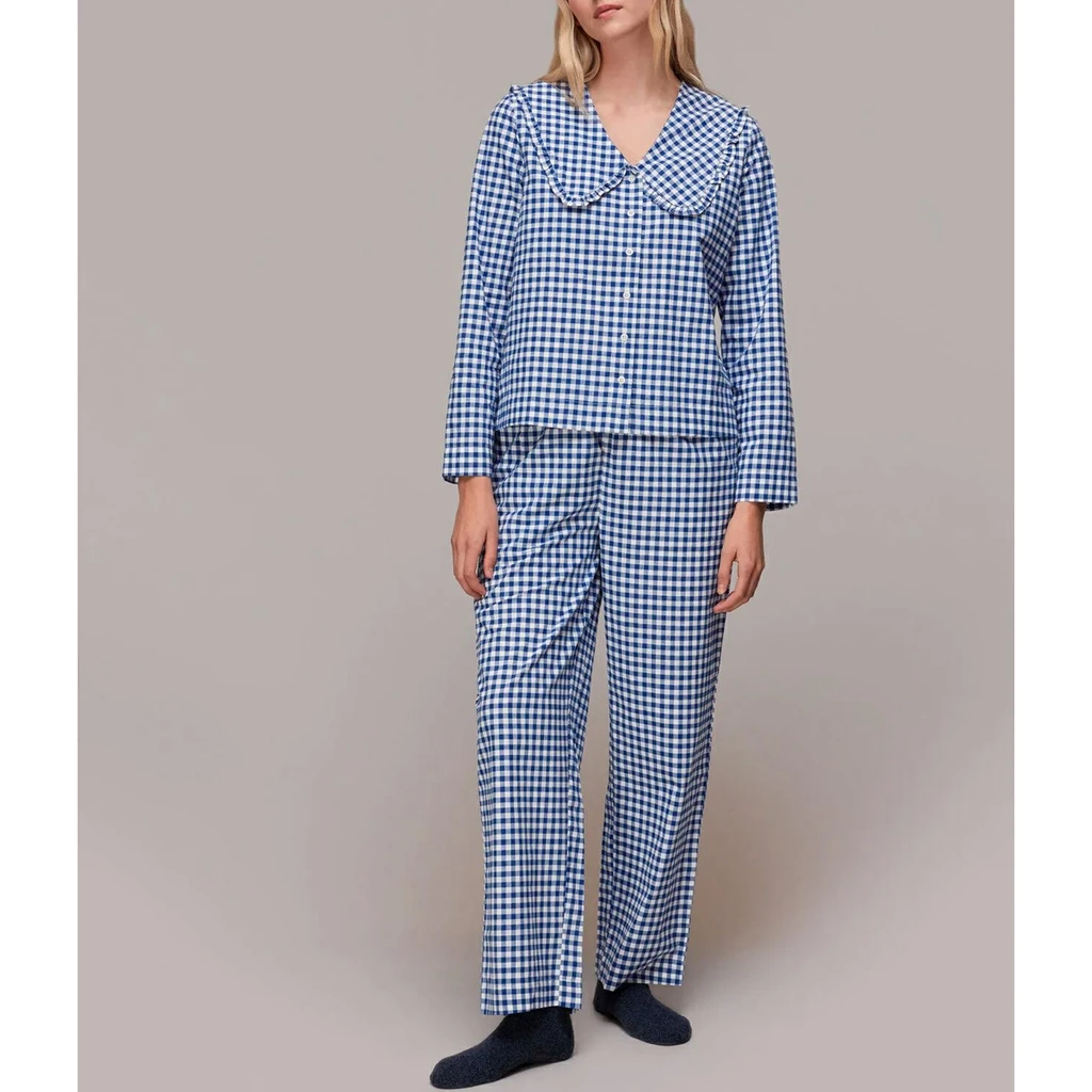 

Combhasaki Women's Y2K 2 Pieces Plaid Loungewear Pajamas Set Doll Collar Button-down Long Sleeve Tops + Pants Sleepwear Outfits