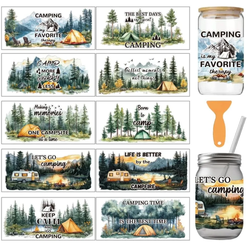 10 Stück UV-Transferpapiere mit Camping-Motiven, 10 Designs, geeignet für Lagerfeuer, Wohnwagen, Wald