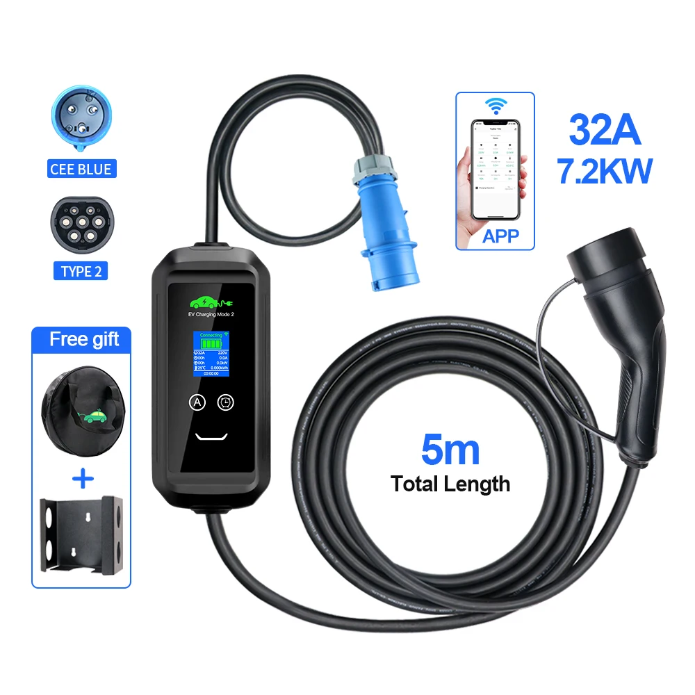 Kolanky 16a 11kw 32a 7kw Eletric Voertuig Ev Oplader Type 2 Iec62169 Tuya App Wifi Control Set Oplaadtijd Phev Auto 5/10M