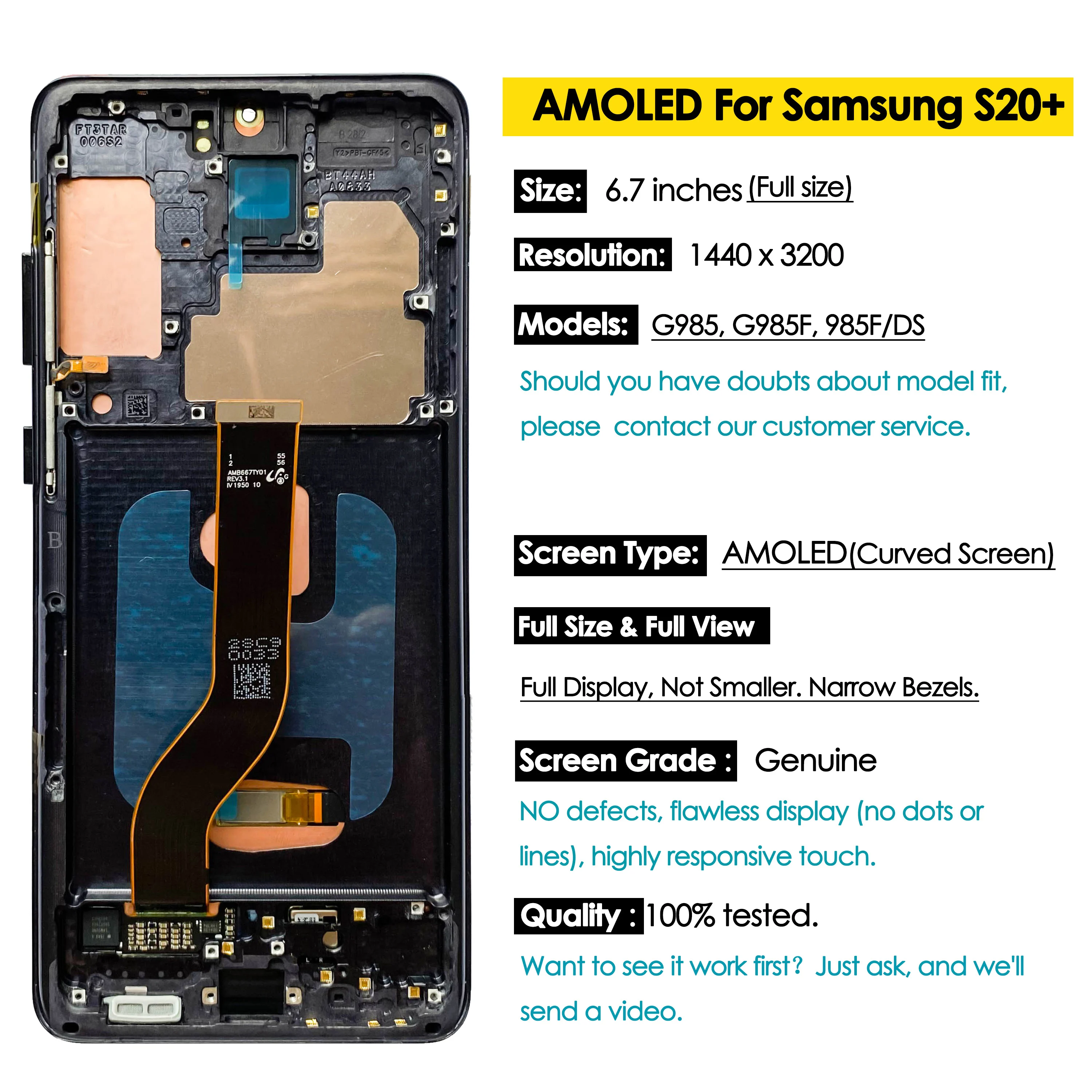 OEM Dynamic AMOLED For Samsung Galaxy S20 plus S20+ Display Screen Replacement G985F LCD Touch Digitizer Assembly Wholesale