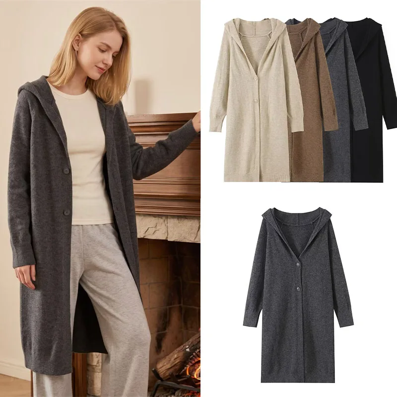 Women's Long Hooded Knit Cardigan Loose Puff Sleeves  Soft and Warm Casual and Relaxed Fit Available in 4 Colors