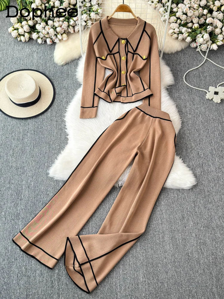 Commuter Style Knitted Sets Autumn New Metal Button Cardigan High Waist Wide Leg Pants 2 Piece Sets Women's Outfits 2025 New