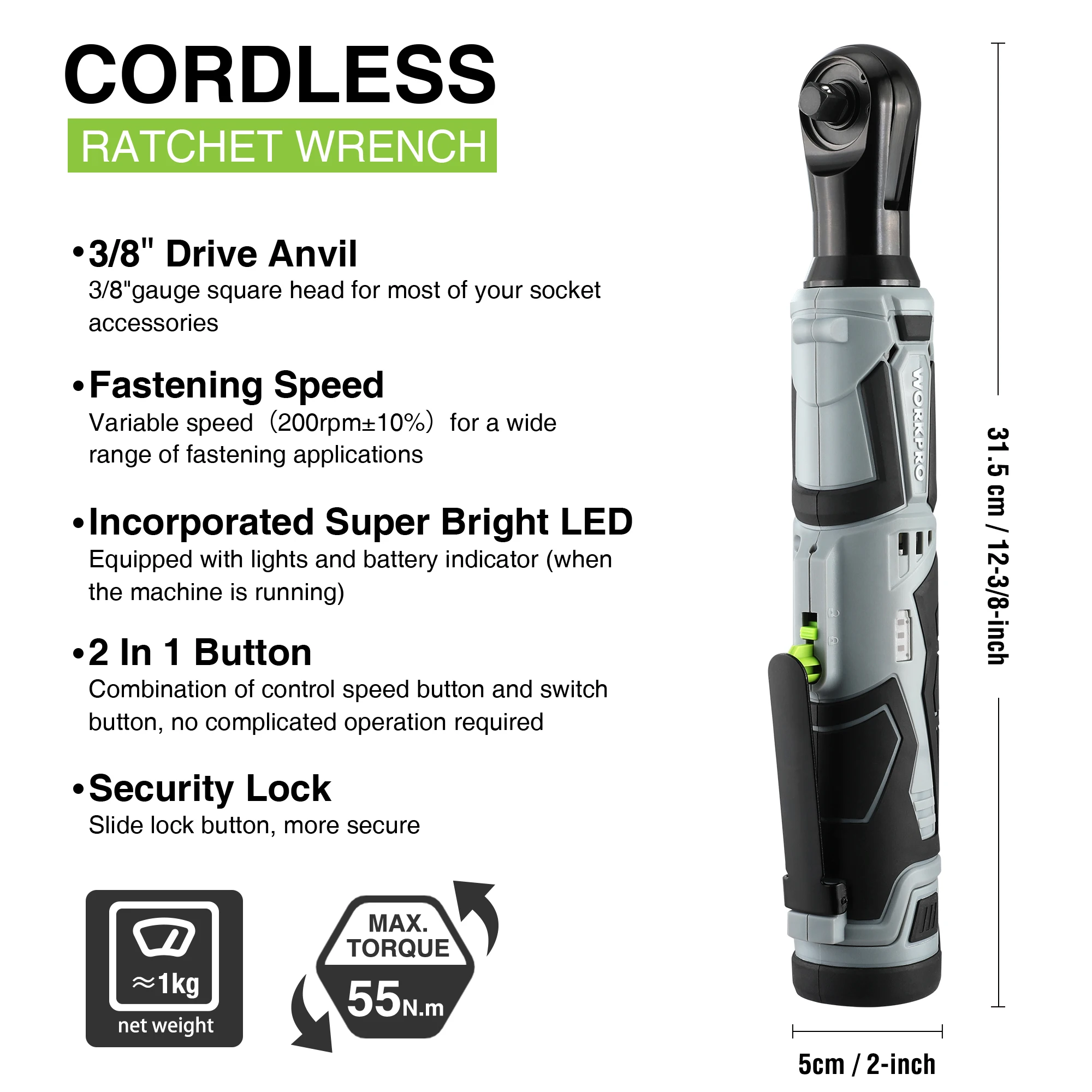 WORKPRO 12V Cordless Electric Ratchet Wrench Set, 3/8" Ratchet Tool Kit With 1/2 Packs 2000mAh Lithium-Ion Battery and Charger