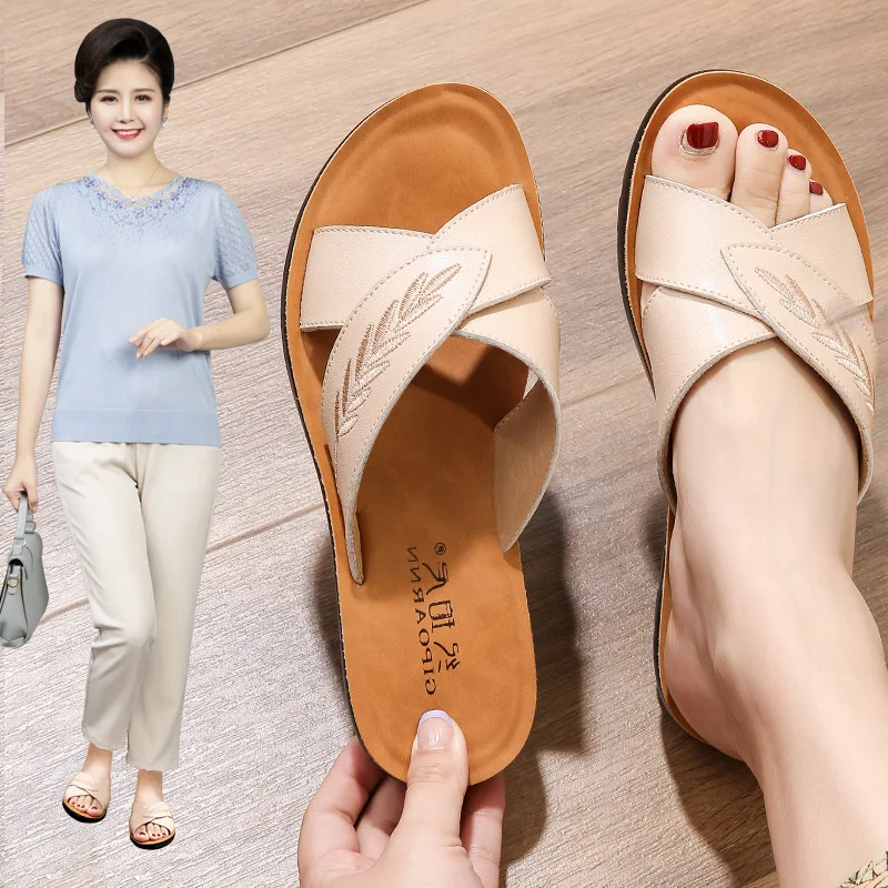 Women Sandals Summer Fashion Leather Open Toe Slip On Walking Shoes Female Slippers Breathable Plus Size Mother Shoes
