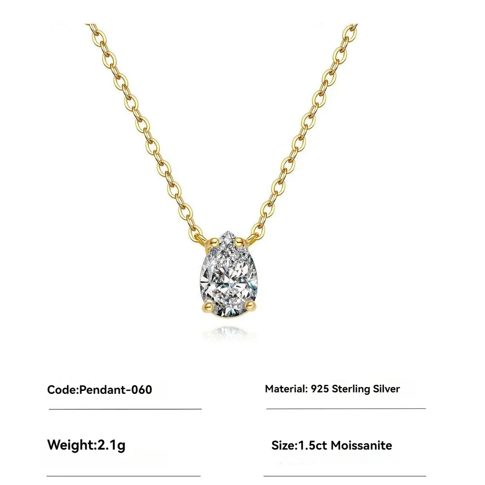 

1.5ct Water Drop Moissanite Pendant Necklace for Women - Wedding Band Gift & Engagement Jewelry with Gold Plated Clavicle Chain