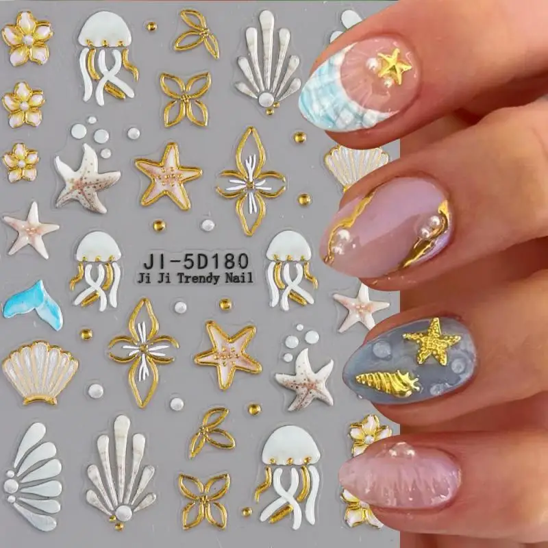 

Embossed Jellyfish Shell Ocean Nail Art Sticker Self Adhesive Marine Starfish Nail Decals Manicure DIY Supplies Nails Slider