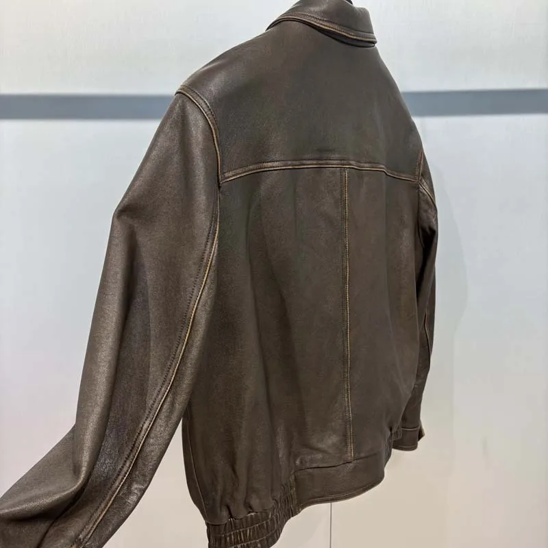 여성용 가을 겨울 브라운 빈티지 가죽 재킷 최상급 양가죽 고품질 숏 길이