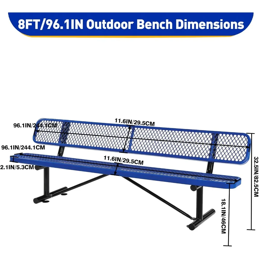 Outdoor Garden Bench, Cast Iron Metal Frame Patio Park Bench with Backrest, Portable Expanded Metal Black Bench, Commercial-Grad