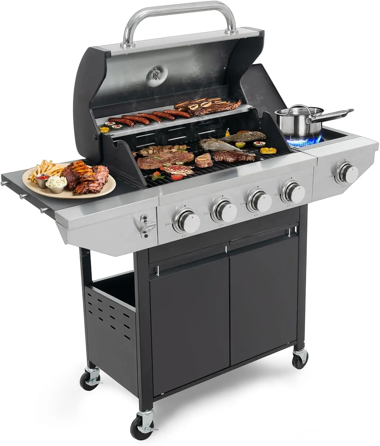 4 Burners Propane Gas Grill with Side Burner, Outdoor BBQ Grill Gas with Porcelain-Enameled Cast Iron Grates