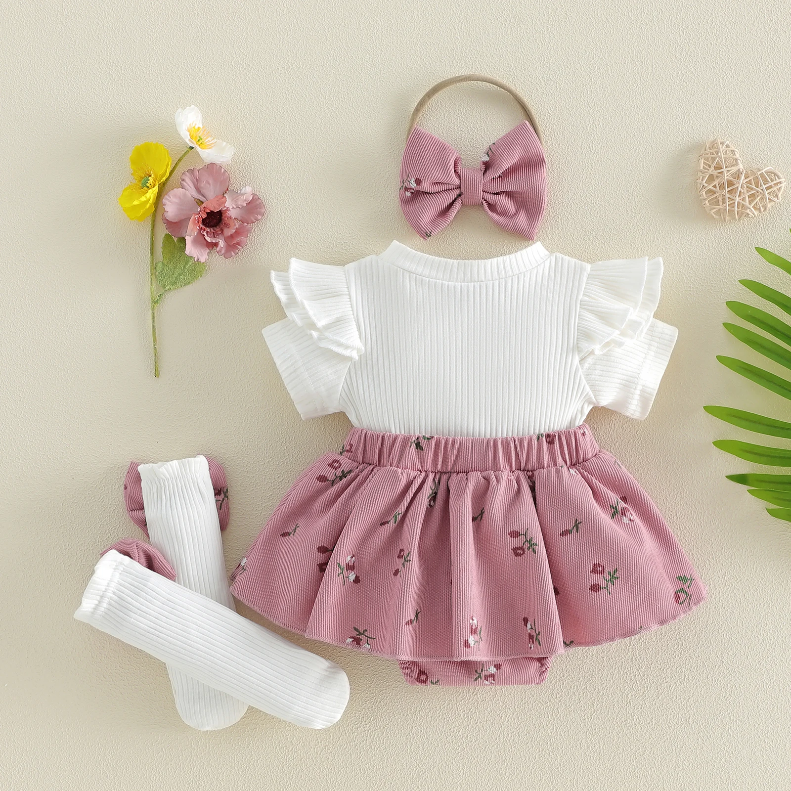 Baby Girls Summer Outfits Short Sleeve Skirt Romper  Long Socks Headband Set Newborn Girls Patchwork Bodysuits Clothes