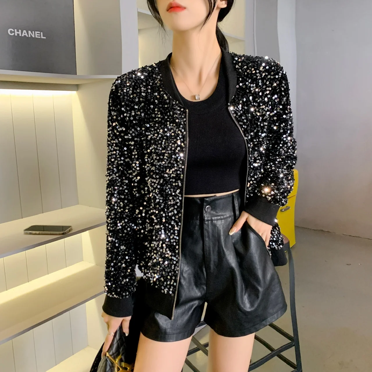 Korean Clothes Sequins Coat Sexy Zipper Shiny Jacket Bling Bling Women\'s Tops Long Sleeve Hand Made Bright Party Outerwear 2163