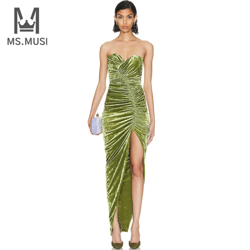 

MSMUSI 2024 New Fashion Women Sexy Strapless Velvet Draped Fold Sleeveless Backless Bodycon Party Club Event Slit Midi Dress