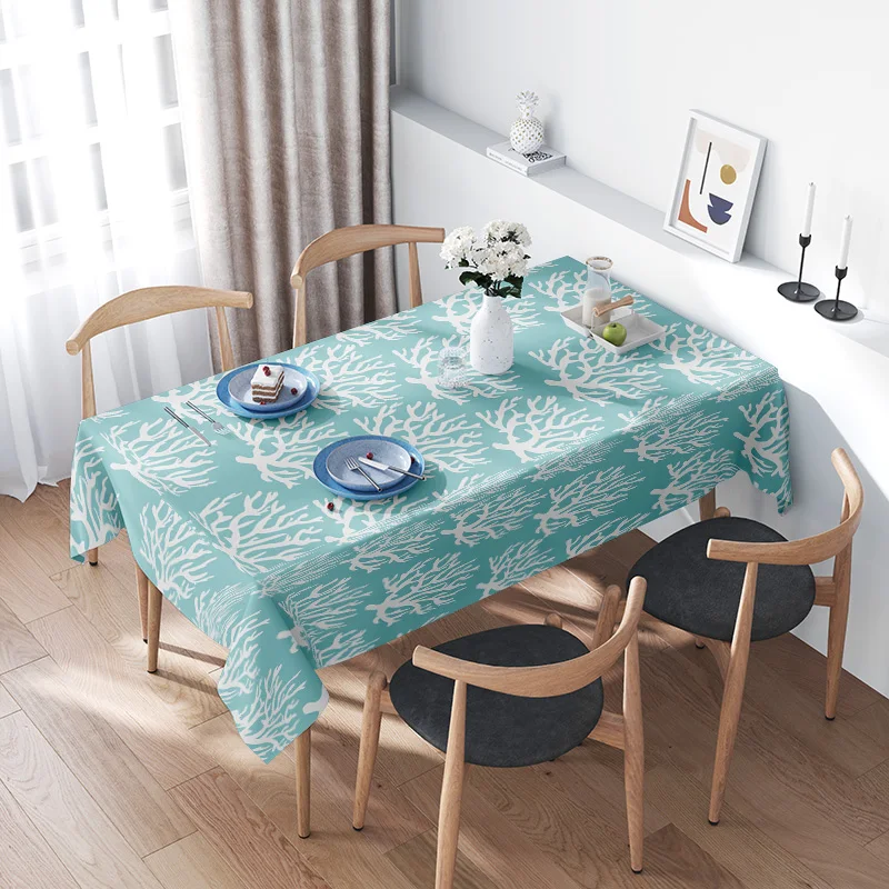 Modern Coral Reef Print Tablecloth Waterproof Spill-Resistant Kitchen Dining Decor 60x120cm (Blue White)