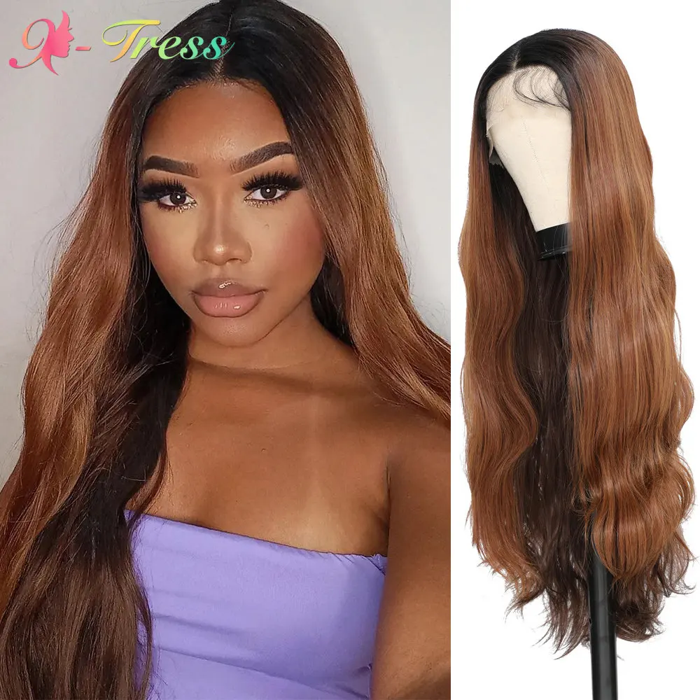 Wig sintetik renda depan X-TRESS rambut palsu Ombre coklat panjang bergelombang bagian tengah tubuh gelombang renda rambut dengan rambut bayi untuk wanita warna hitam