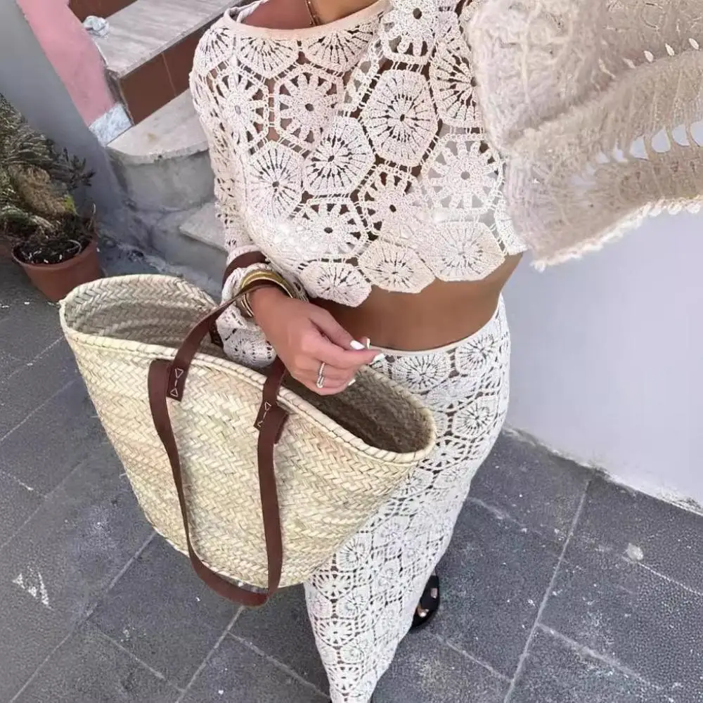 

Sexy Hollow Out Embroidered Skirt Sets Elegant Crochet Lace Solid Colour Short Top Women Fashion Slim Long Skirts Beach Suits