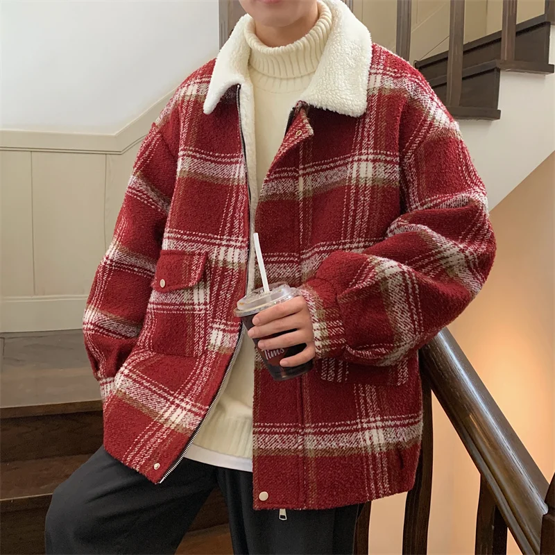 

Мужская утепленная зимняя куртка из овечьей шерсти, теплая хлопковая одежда в клетку, повседневная молодежная свободная куртка на пуговицах