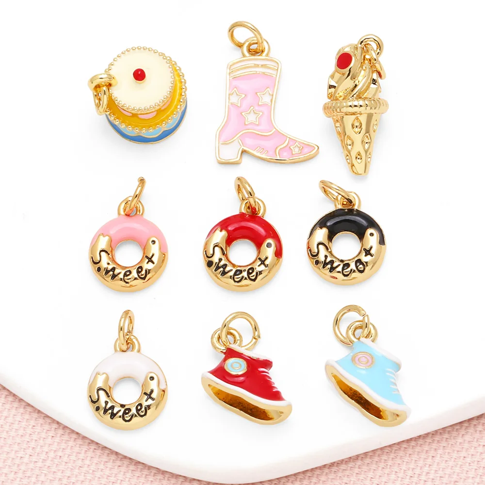 OCESRIO Enamel Small Ice Cream Charms for Bracelet Copper Gold Plated Doughnut Cake Shoes Jewelry Making Accessories chma330