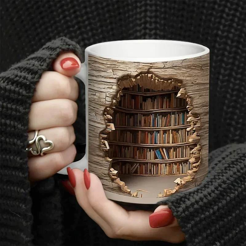 

1pc, 3D Bookshelf Break Through Coffee Mug, Ceramic Coffee Cups, Book Shelf Water Cups, Summer Winter Drinkware