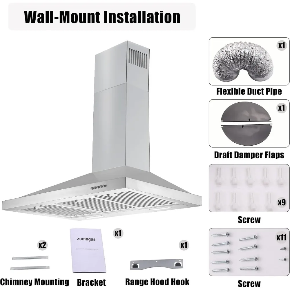 Hotte murale en acier inoxydable, hotte de cuisine avec commande à bouton-poussoir, ventilateur à 3 vitesses