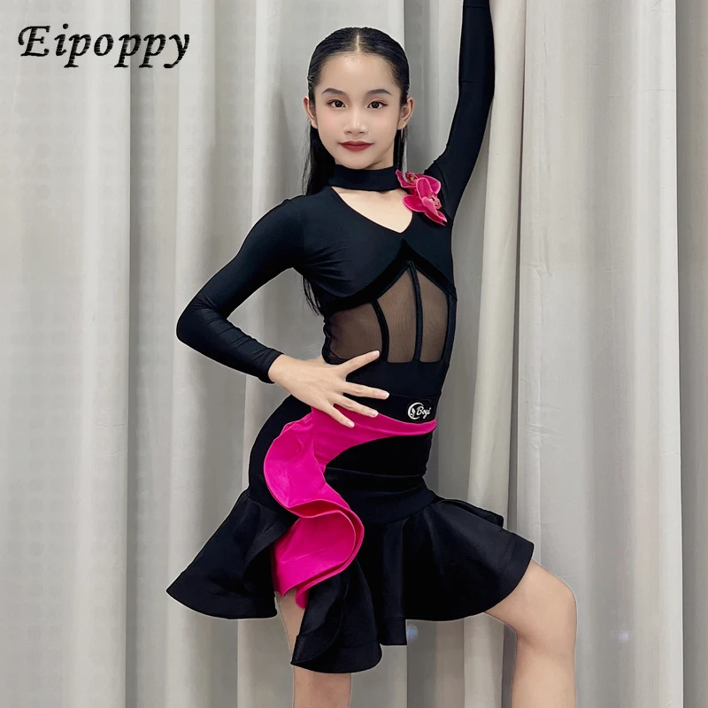 

Latin Dance Wear Professional Art Examination Level Competition Gauze Long-Sleeved Dress Girls