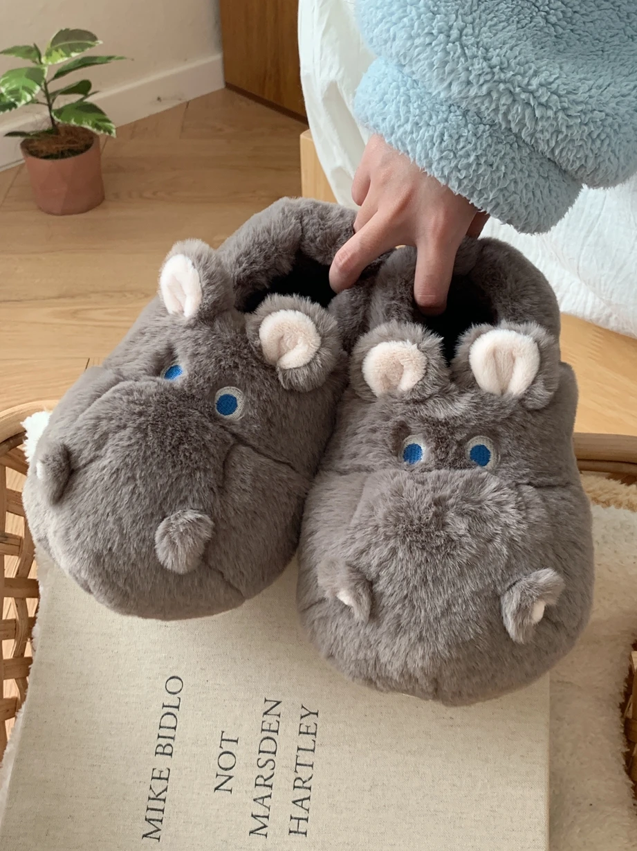

Comfortable Warm Plu Winter Home Slippers Couples Cartoon Hippo Cotton Slippers Men Women Anti-Slip PVC Bot High Heel