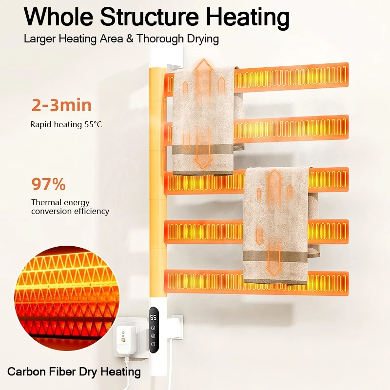 Self-Adhesive Rotating Towel Rack - Thermostat Controlled Stainless Steel Bathroom Heater (Space Saving)