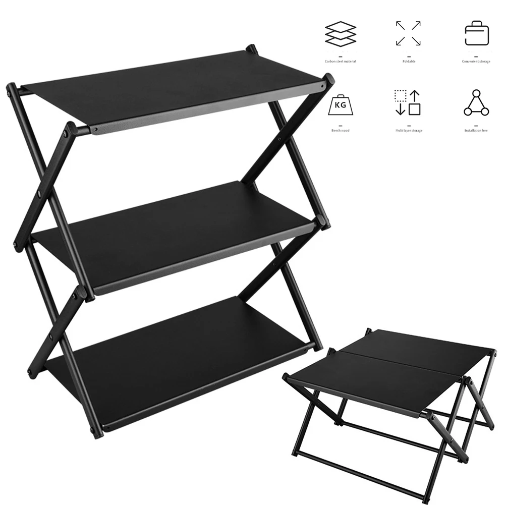 3 Tier Folding Storage Shelf Multi-Function Portable Camping Organizer Heavy Duty Camping Shelf Rack for Outdoor Activities