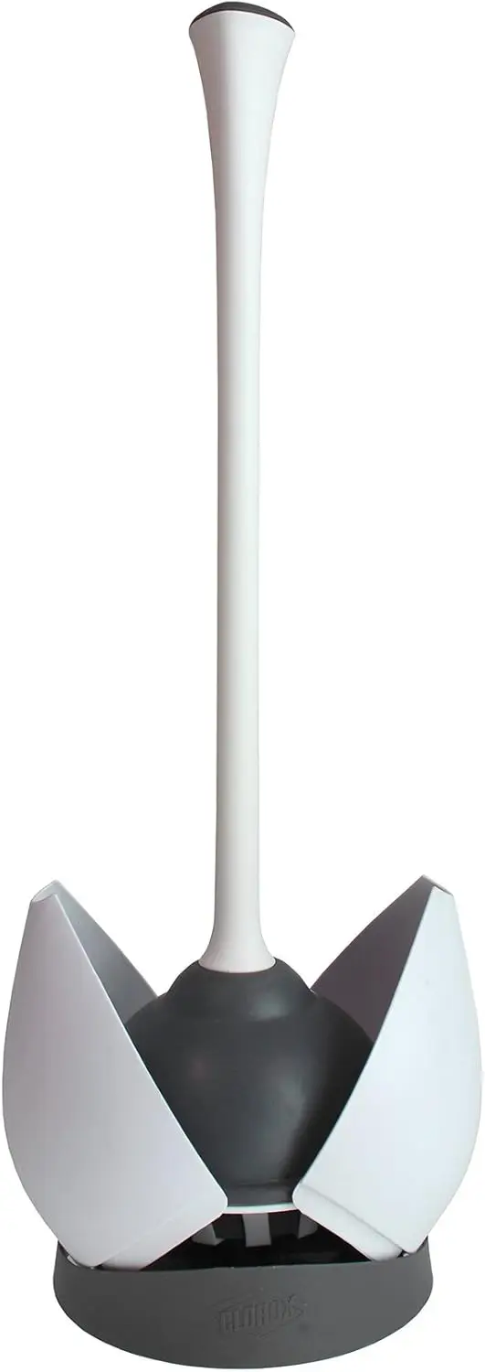 

Heavy-Duty Compact Toilet Plunger with Hideaway Holder, Non-Skid Rubber Base for Bathroom Storage, 6.5x19.5-Inch White