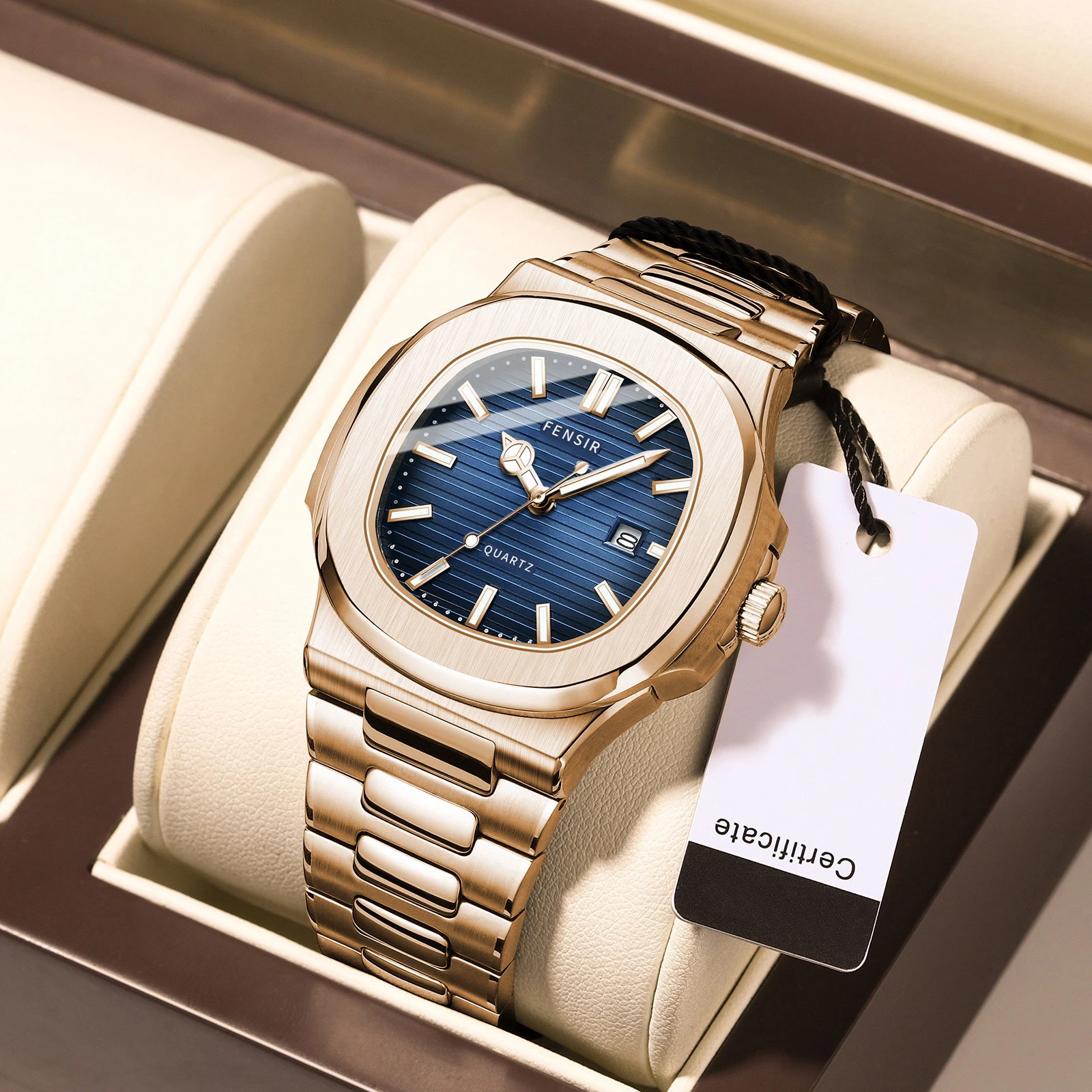 New Fensir Men's Watch, High-End Square Quartz Wristwatch, Striped Dial Business Men's Watch, Waterproof Luminous Calendar Multi-Functional Sports Watch, Exclusively for Foreign Trade and Cross-Border Sales
