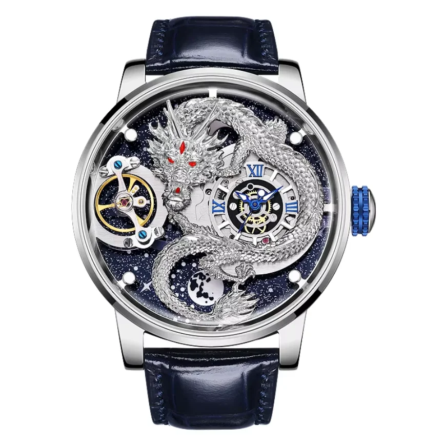 HANBORO Automatic  Men Watch 45.5mm Mechanical Wristwatch 50M Waterproof Bubble Mirror Dragon Dial Luminous Rotatable Background