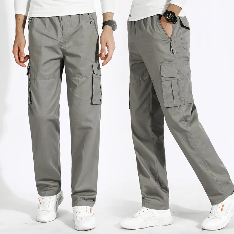 

New Casual Cargo Pants Men Four Seasons 95% Cotton Trousers Multi Pockets Loose Straight Jogging Pants M-5XL For Middle Aged Men