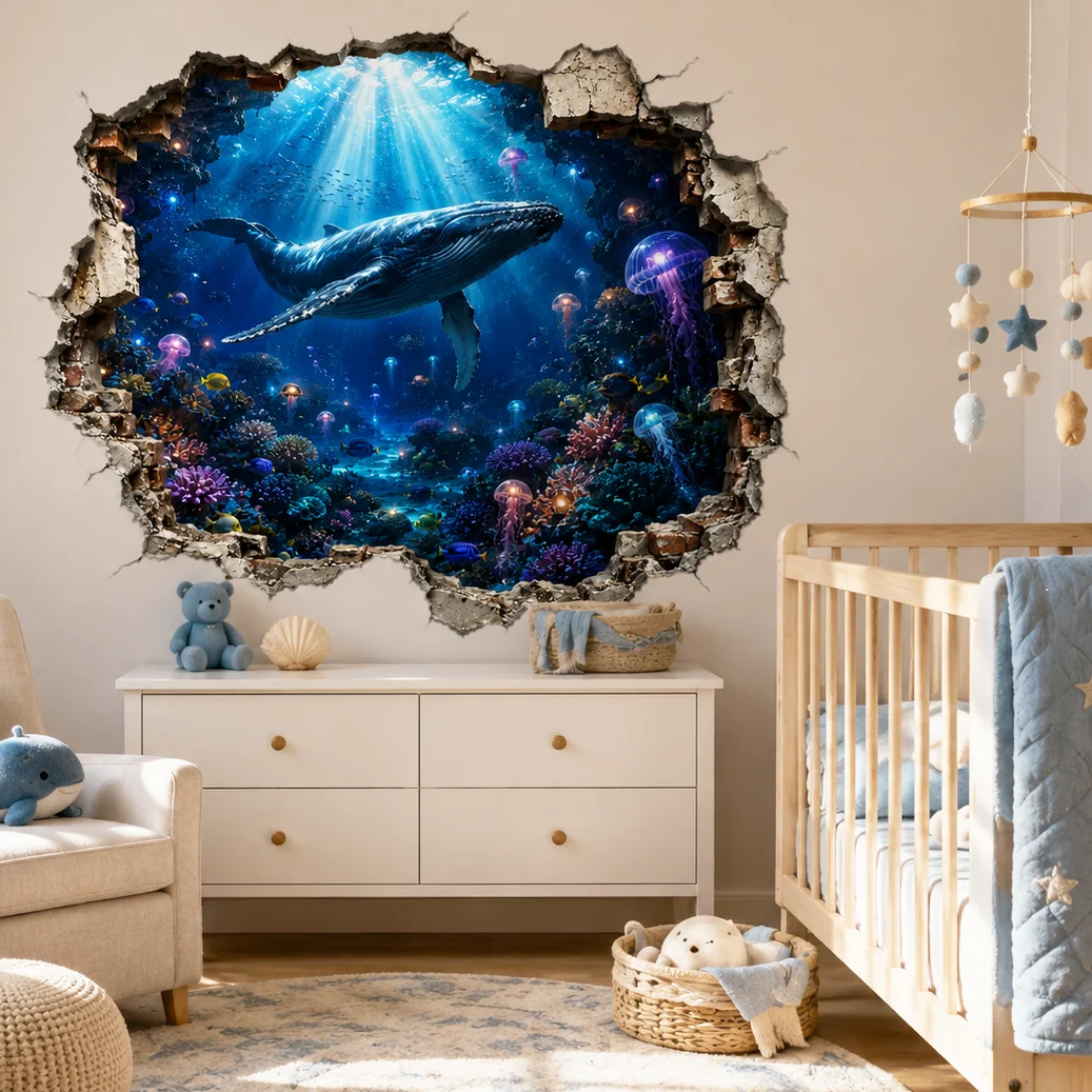 3D Broken Wall Underwater Whale Wall Sticker, Glowing Jellyfish Coral Ocean View Removable Vinyl Wall Decal for Bedroom Bathroom