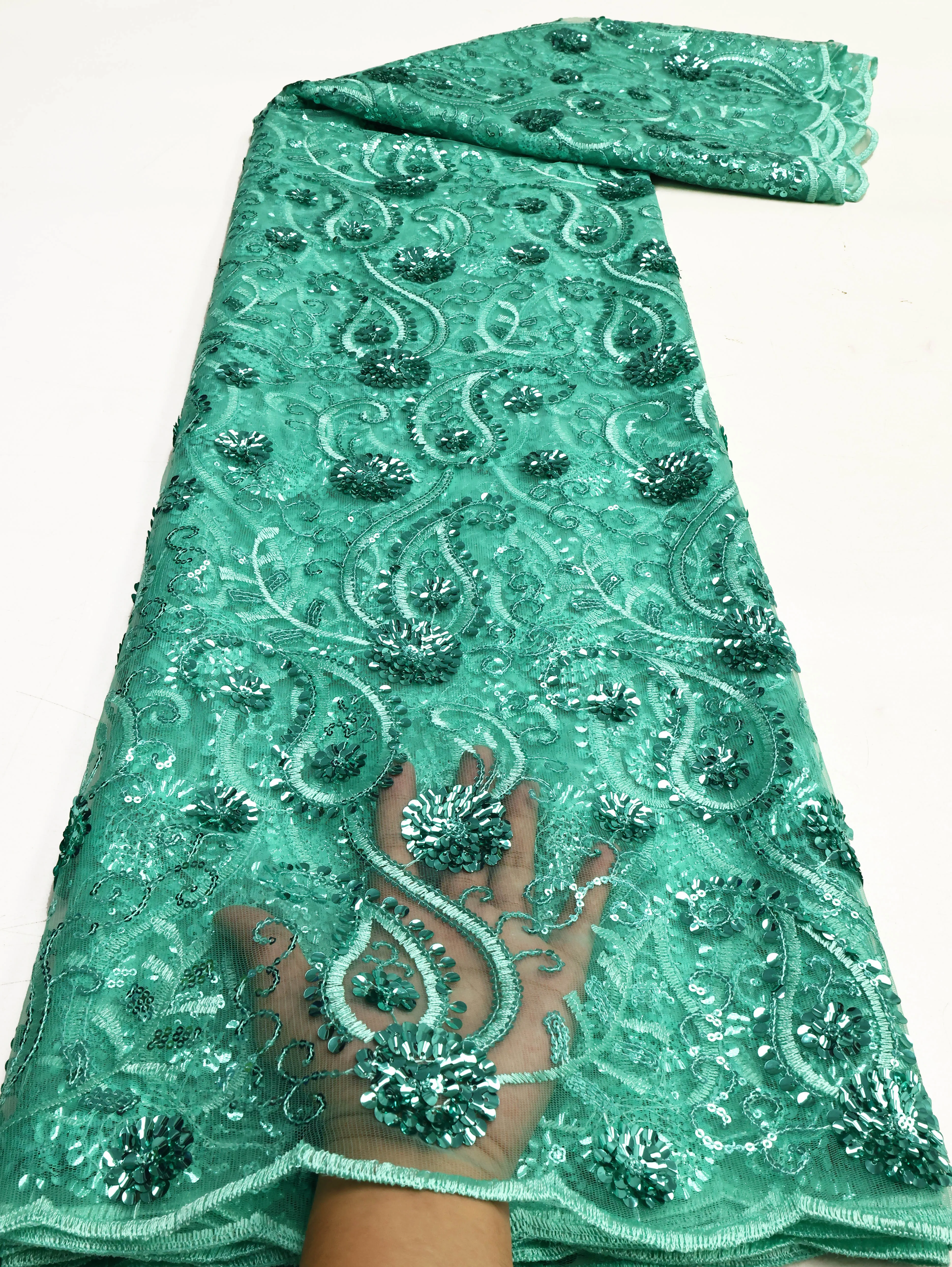 African Sequins Flocking Lace Fabric