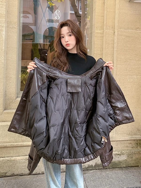 Veste en cuir de motard Sli ort pour femme, manteau d'hiver chaud, doublure en duvet blanc, coupe droite décontractée, écologique