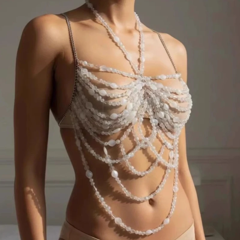 

2026 Transparent Beading Acrylic Bra Chain Sexy Dance Show Night Clubwear Bikini Crop Tops Breast Jewelry Party Halter Camis