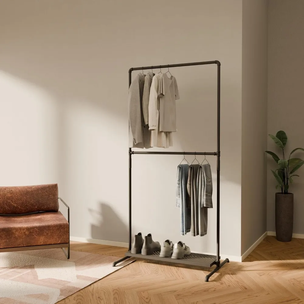 

Industrial Pipe Clothing Rack with Shelf - 175 lbs Capacity - Free Standing Clothes Rack and Walk In Closet with Metal Shelf fo