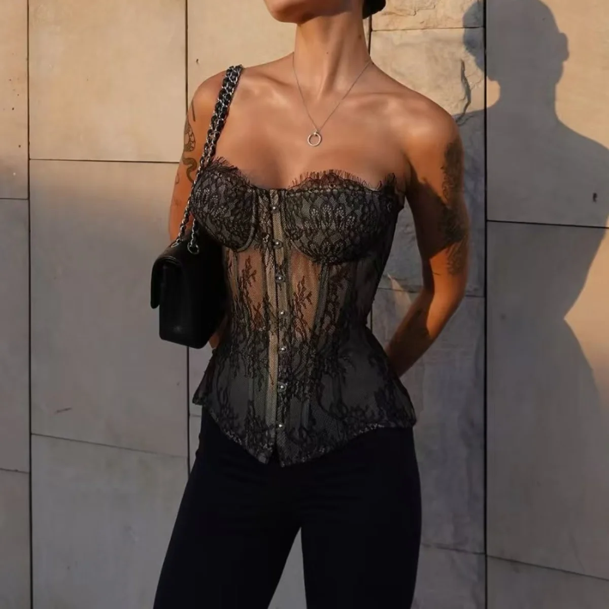 

Lace Mesh Corset Tops Back Bandage Women Sexy Strapless Skinny Vest Bra Party Top Slim Shaper Rave Bustier Summer Boned Camisole