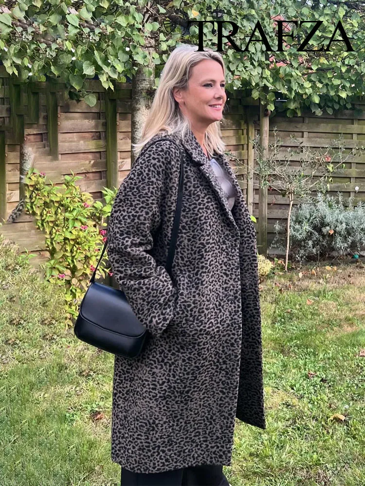 TRAFZA donna elegante stampa leopardata maniche lunghe cappotto allentato donna autunno bavero tasca monopetto Design Casual cappotto sottile