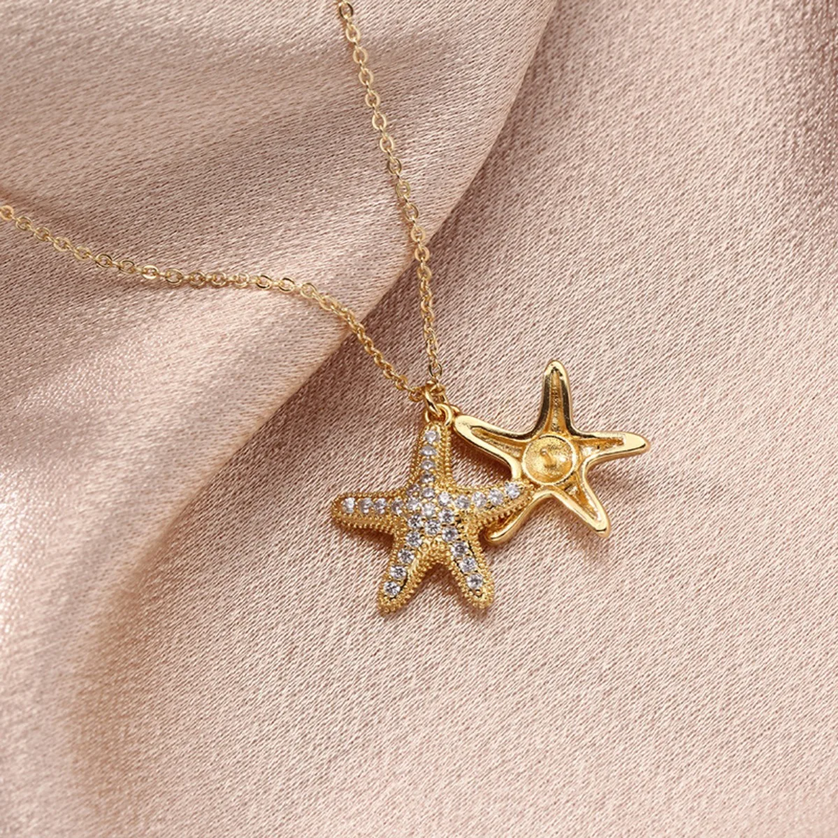 Brass 14K Gold Plated Tarnish Resistant Starfish Cubic Zirconia Pearl Pendant Blank Setting, DIY Necklace Accessories For Women