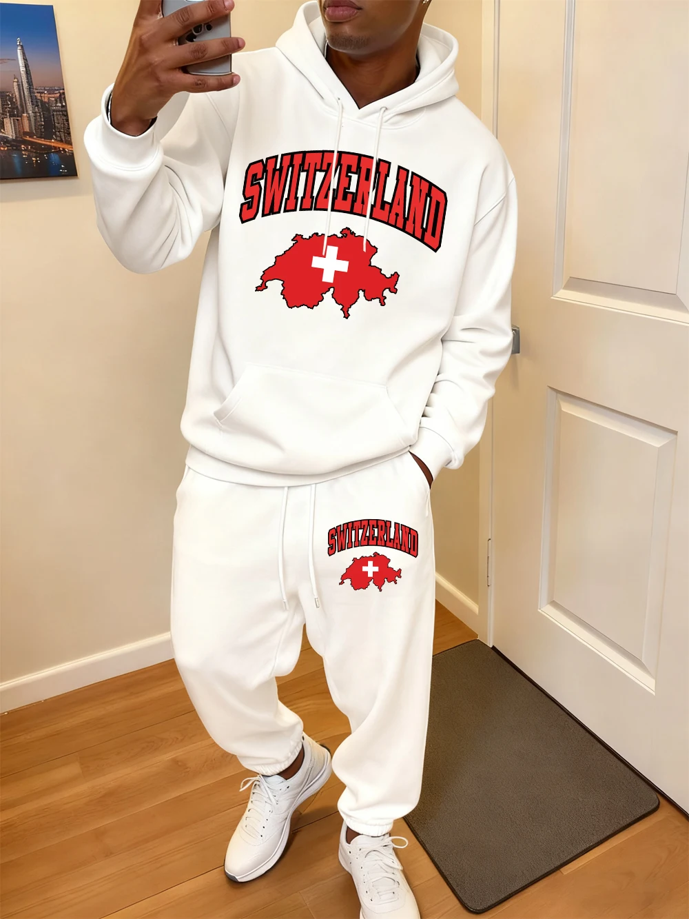 

2 Pcs Hoodie Set Men'S Switzerland Swiss Flag Prints Sweatpants Autumn Pocket Loose Pants Sweatshirt Casual Fleece Warm Clothes