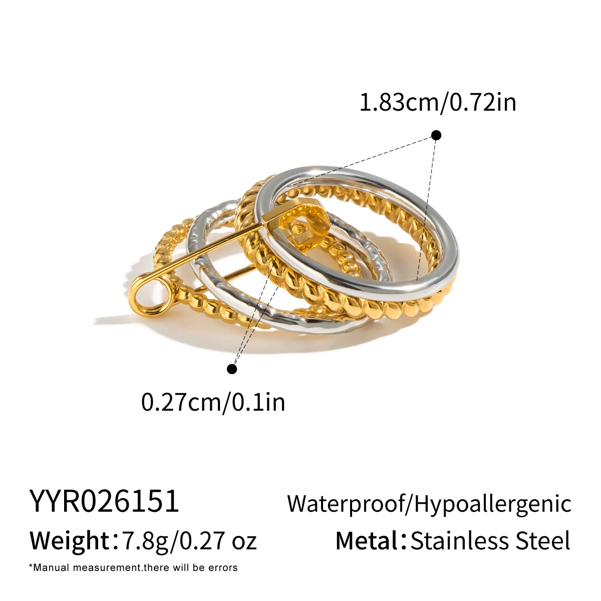 Miia Jewelry Zweifarbiger Stapelring aus Edelstahl, mehrschichtig, gedreht, mit Perlen und Zirkonia-Besatz für Damen – Detail 7