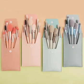 Mini Brush 8-częściowa kosmetyczka Przenośny zestaw pędzli do korektora w proszku Narzędzie do makijażu z miękkiego futra Zielona torba zatrzaskowa