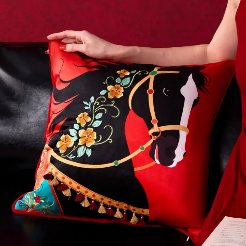 Luxury Embroidered Horse Pillow Cover | Vibrant Red & Black Satin Cushion Case with Tassel | Retro Chinese Palace Style For Sofa