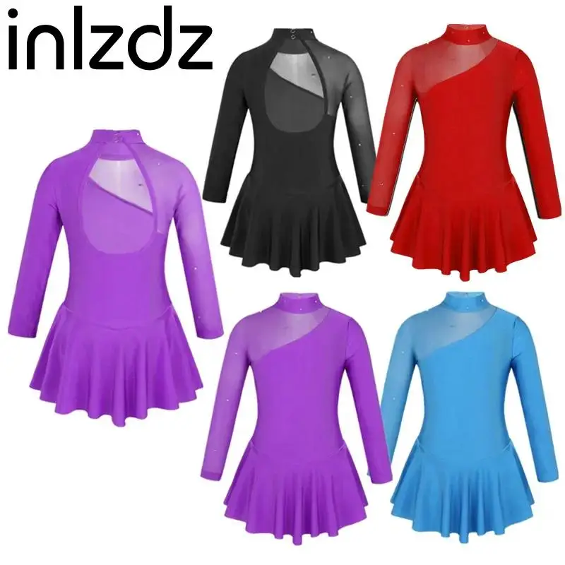 

Children's Long Sleeves Ballet Tutu Dress Splice Cutouts Back Girls Figure Ice Skating Roller Skating Gymnastics Leotard Dresses