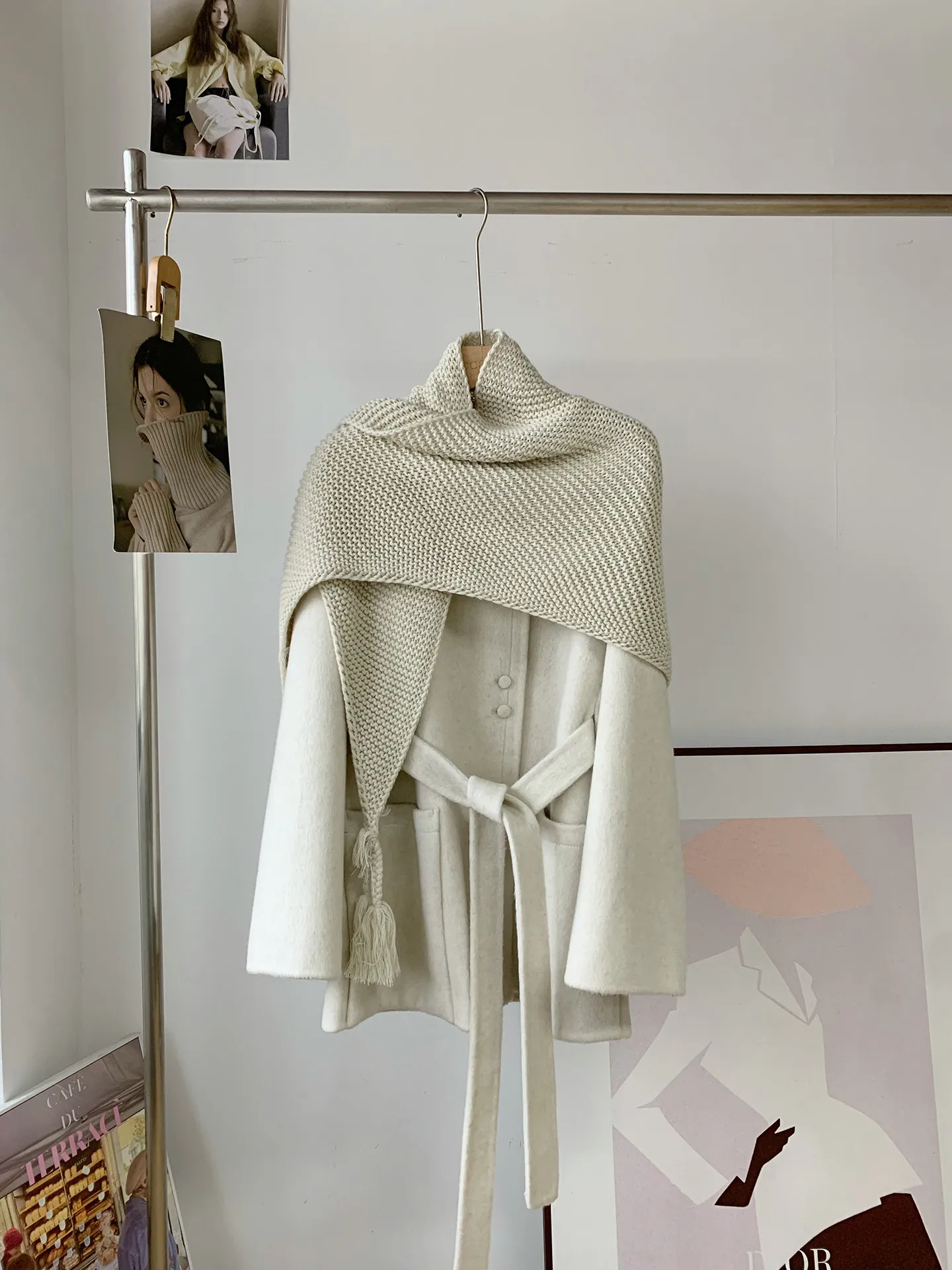 Winter 2026 Womens Mid Length Double Face Alpaca Wool Coat With Knit Scarf Shawl Belted Korean Style Woolen Outerwear Hand Sewn