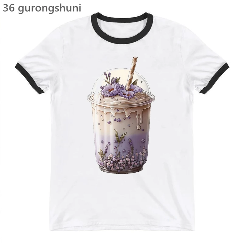 Cut Bubble Milk Tea Boba Dessert Drink Flower Cartoon Print Women'S T-Shirts Fashion Harajuku Shirt Summer Casual Femme T Shirts