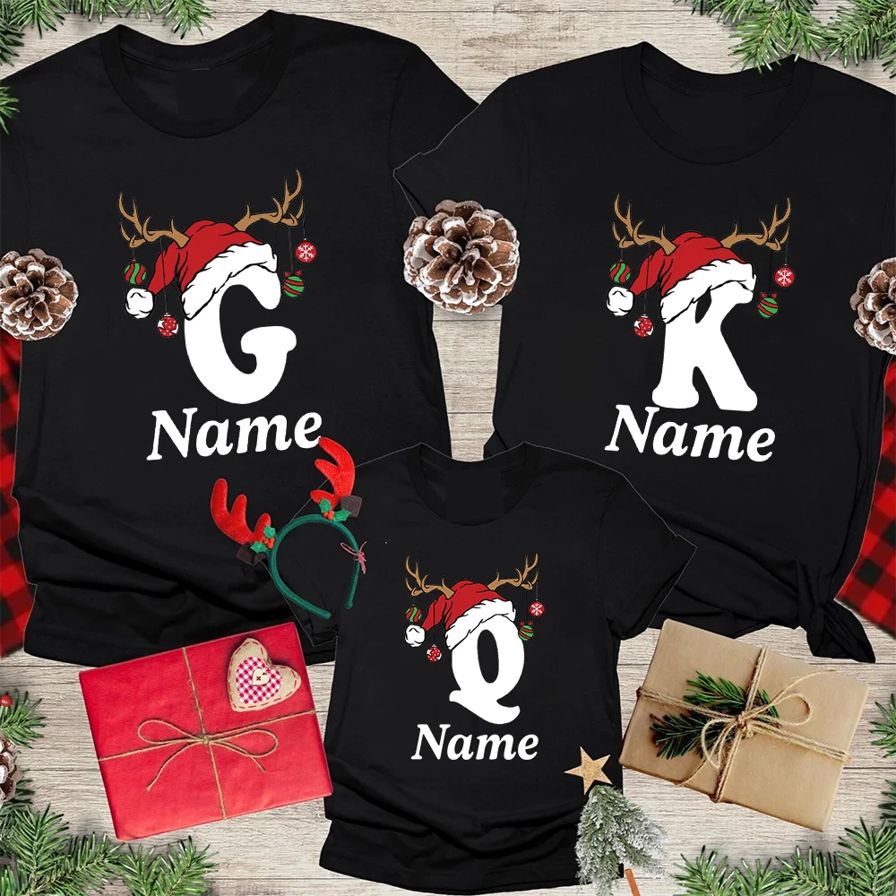 Personalized Christmas Family Matching Shirt Initial with Name T-shirt Dad Mom Sister Brother Shirts Tops Baby Bodysuit Romper