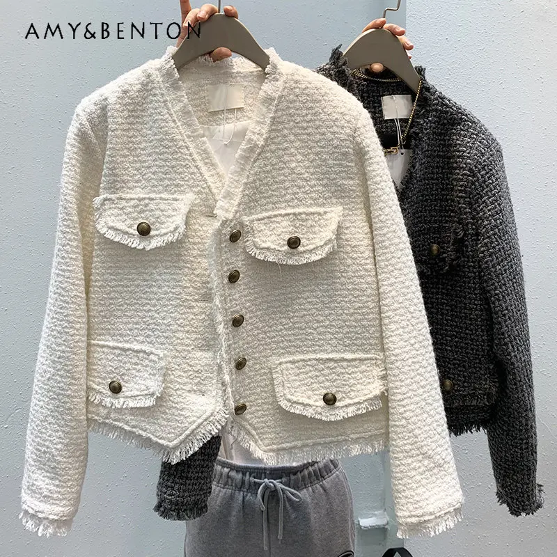 

High Grade Gray Coat for Women Autunm and Winter 2022 New Retro Short Tweed Petite Top Ladies V-neck Jackets for Female